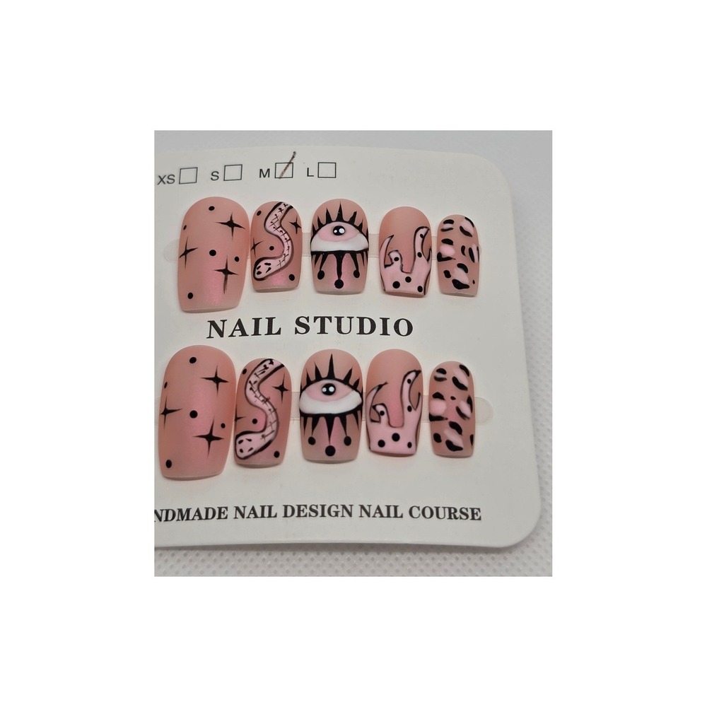 Handmade Pink Matte Coffin Press On Nails M Snake Evil Eye Gothic Witchy